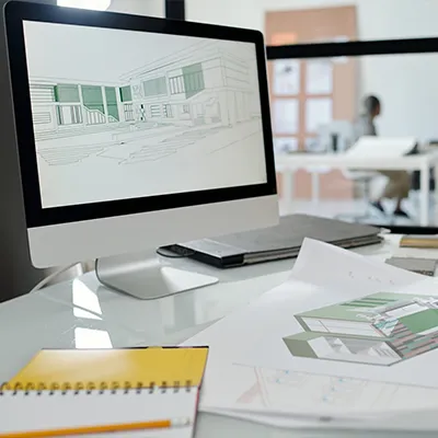 Immagine copertina corso online. Computer con programma Autodesk aperto e documenti stampati